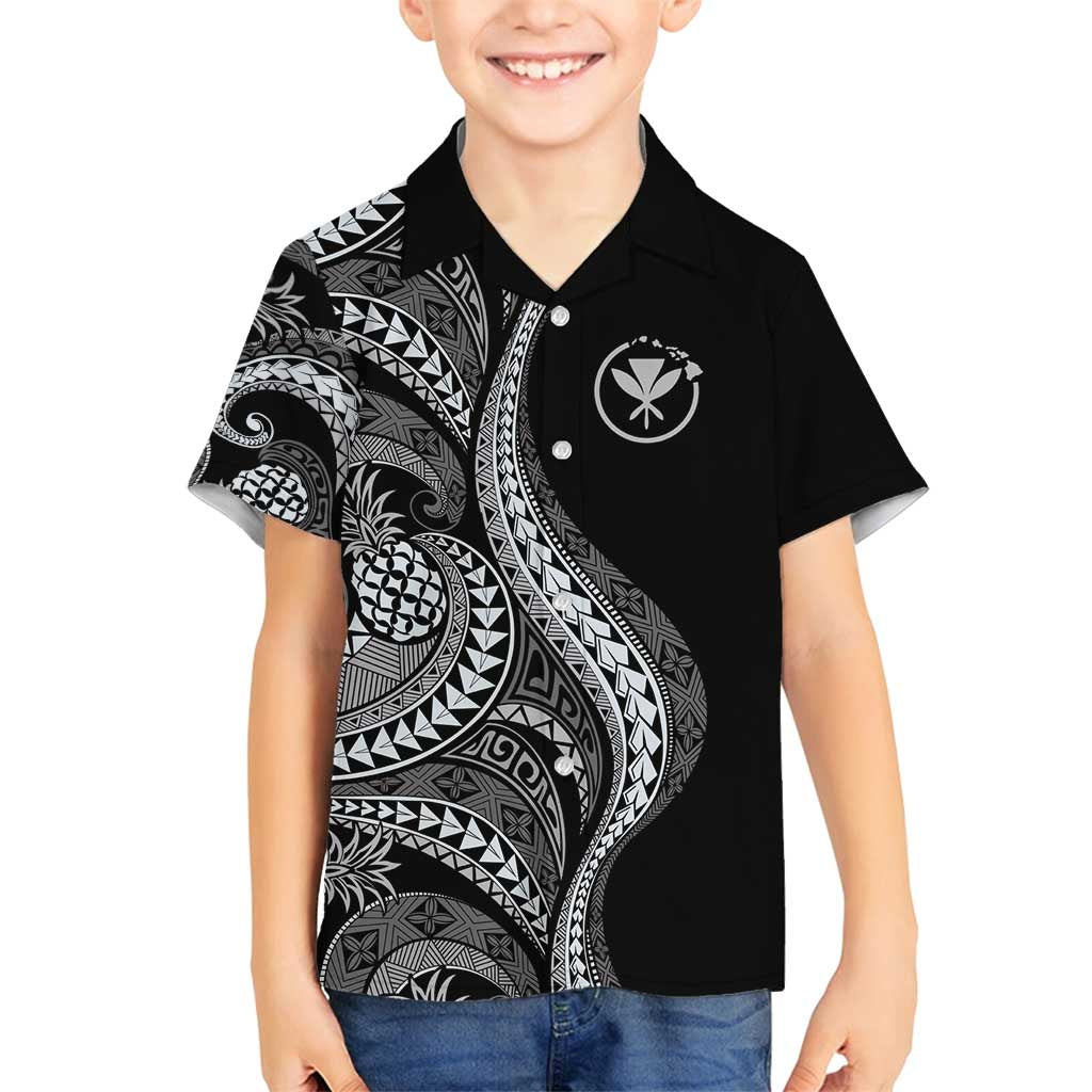 Hawaii Pineapple Gray Scale Tribal Pattern Family Matching Off Shoulder Maxi Dress and Hawaiian Shirt LT01 Son's Shirt Black - Polynesian Pride