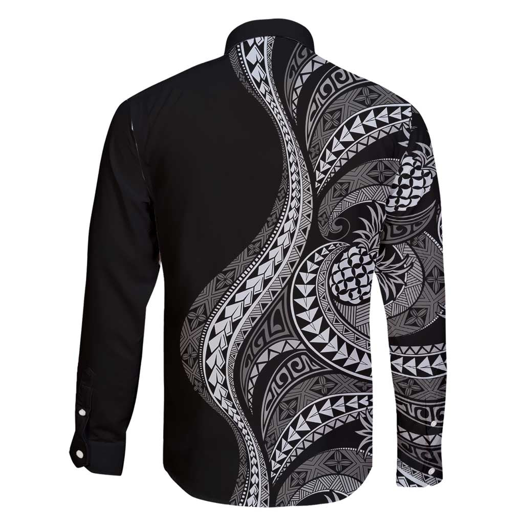 Hawaii Pineapple Gray Scale Tribal Pattern Family Matching Short Sleeve Bodycon Dress and Hawaiian Shirt - Polynesian Pride