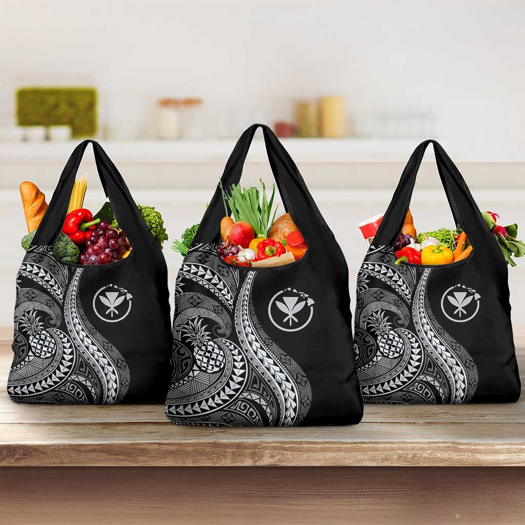 Hawaii Pineapple Gray Scale Tribal Pattern Grocery Bag - Polynesian Pride