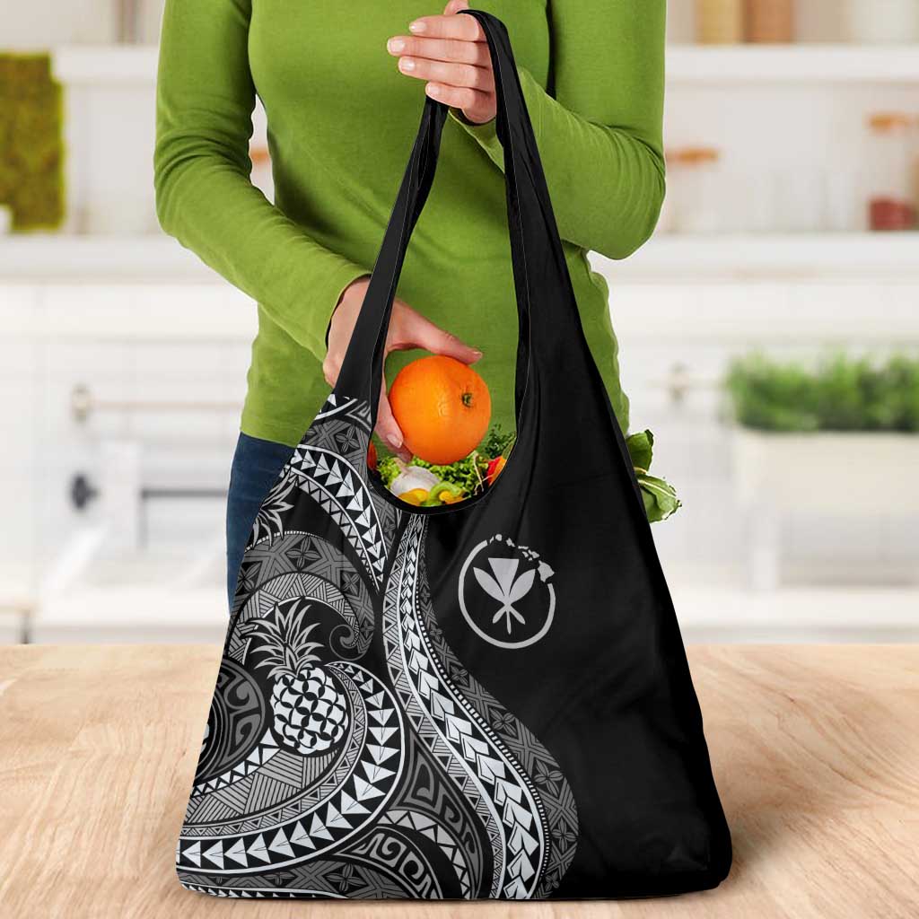 Hawaii Pineapple Gray Scale Tribal Pattern Grocery Bag - Polynesian Pride