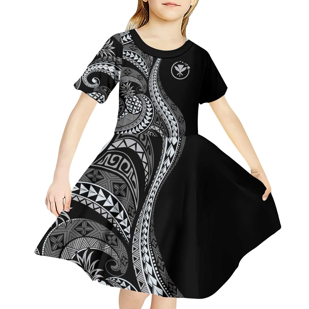 Hawaii Pineapple Gray Scale Tribal Pattern Kid Short Sleeve Dress - Polynesian Pride