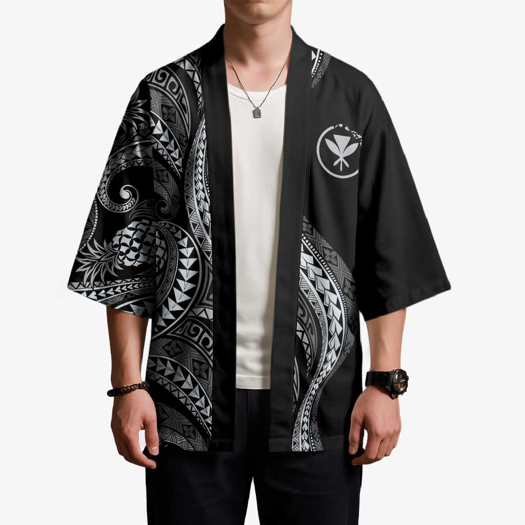 Hawaii Pineapple Gray Scale Tribal Pattern Kimono - Polynesian Pride