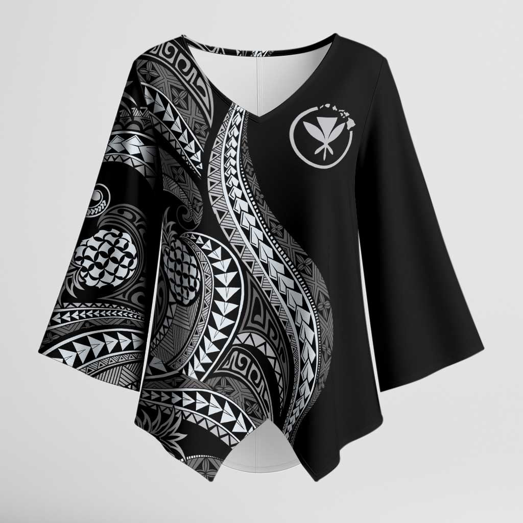 Hawaii Pineapple Gray Scale Tribal Pattern Kimono Sleeve Blouse LT01 Female Black - Polynesian Pride