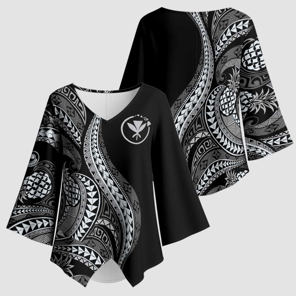 Hawaii Pineapple Gray Scale Tribal Pattern Kimono Sleeve Blouse LT01 - Polynesian Pride