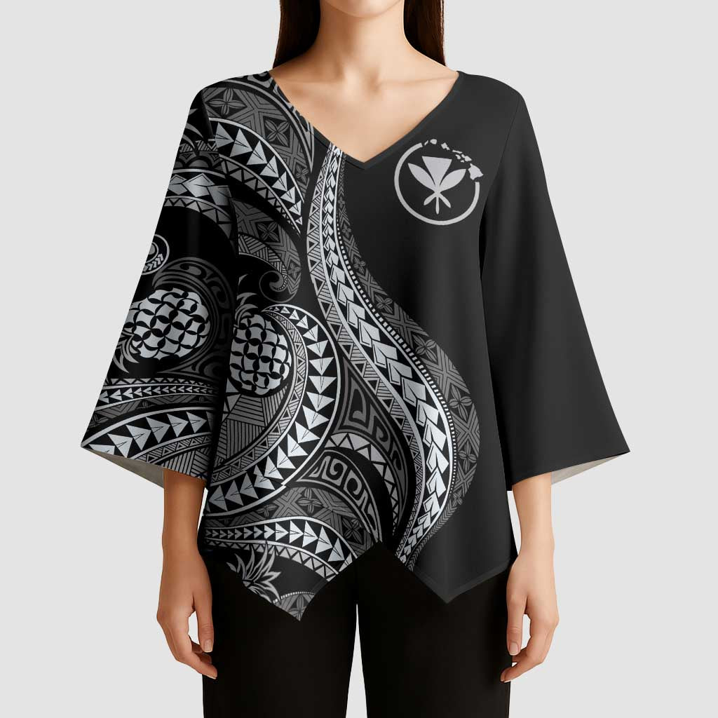 Hawaii Pineapple Gray Scale Tribal Pattern Kimono Sleeve Blouse LT01 - Polynesian Pride