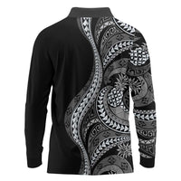 Hawaii Pineapple Gray Scale Tribal Pattern Long Sleeve Polo Shirt LT01 - Polynesian Pride