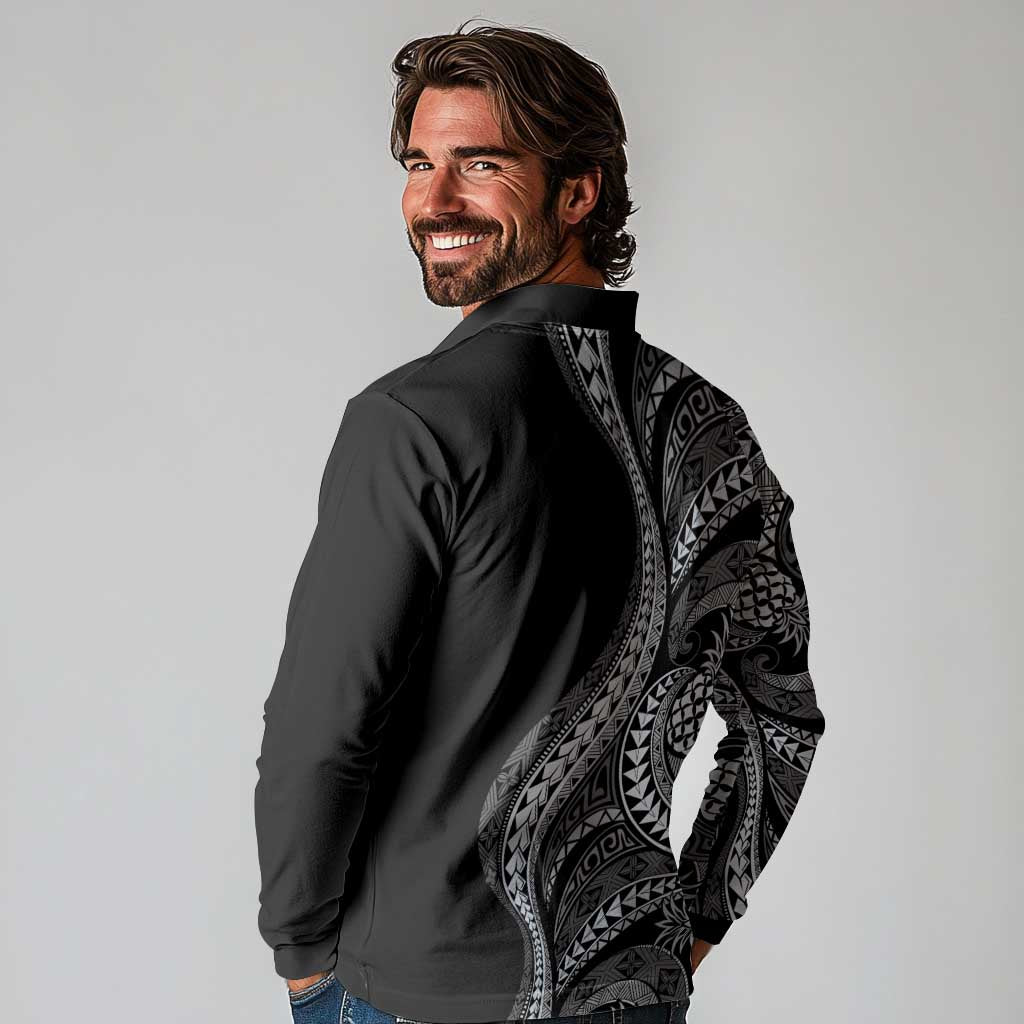 Hawaii Pineapple Gray Scale Tribal Pattern Long Sleeve Polo Shirt LT01 - Polynesian Pride