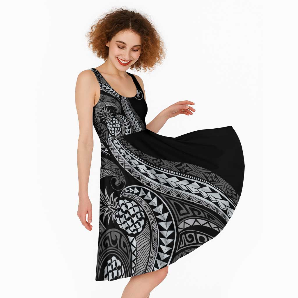 Hawaii Pineapple Gray Scale Tribal Pattern Midi Dress - Polynesian Pride