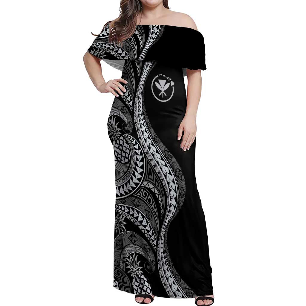 Hawaii Pineapple Gray Scale Tribal Pattern Off Shoulder Maxi Dress - Polynesian Pride