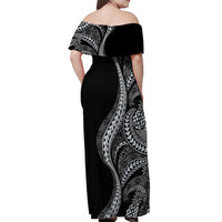Hawaii Pineapple Gray Scale Tribal Pattern Off Shoulder Maxi Dress - Polynesian Pride