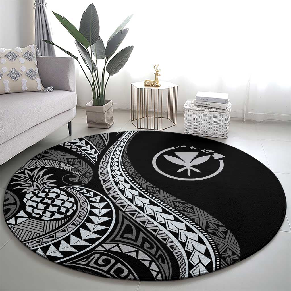 Hawaii Pineapple Gray Scale Tribal Pattern Round Carpet - Polynesian Pride