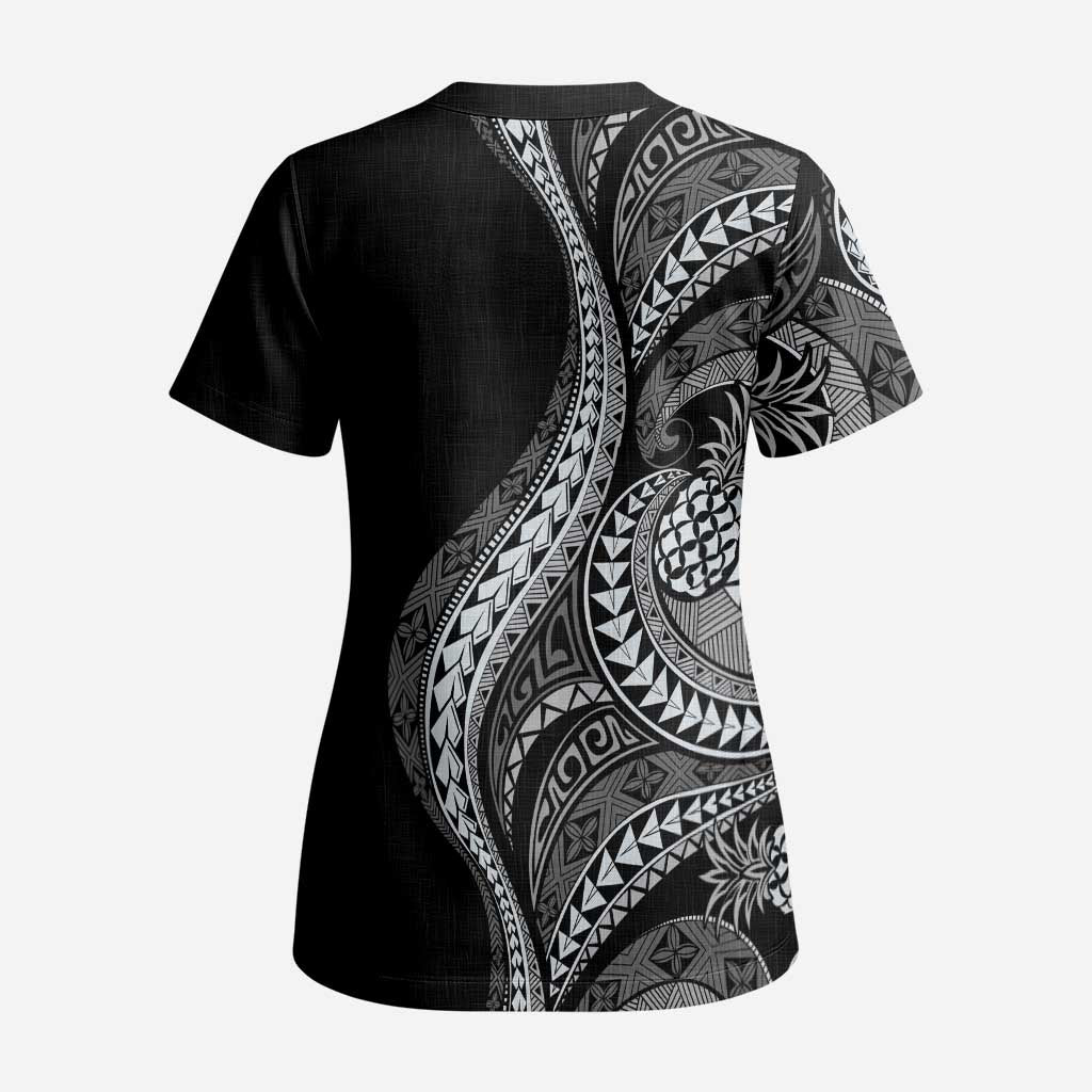 Hawaii Pineapple Gray Scale Tribal Pattern Scrub Top LT01 - Polynesian Pride