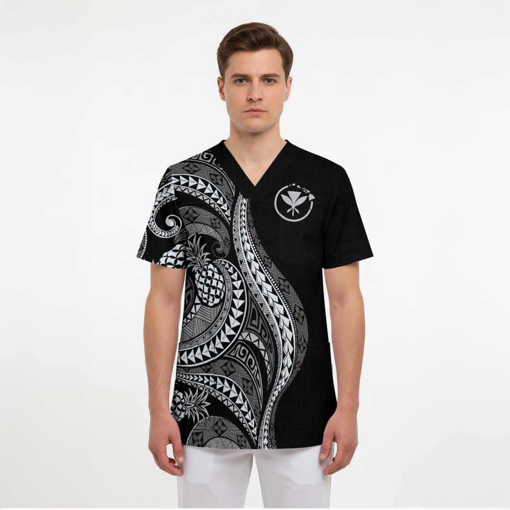 Hawaii Pineapple Gray Scale Tribal Pattern Scrub Top LT01 - Polynesian Pride
