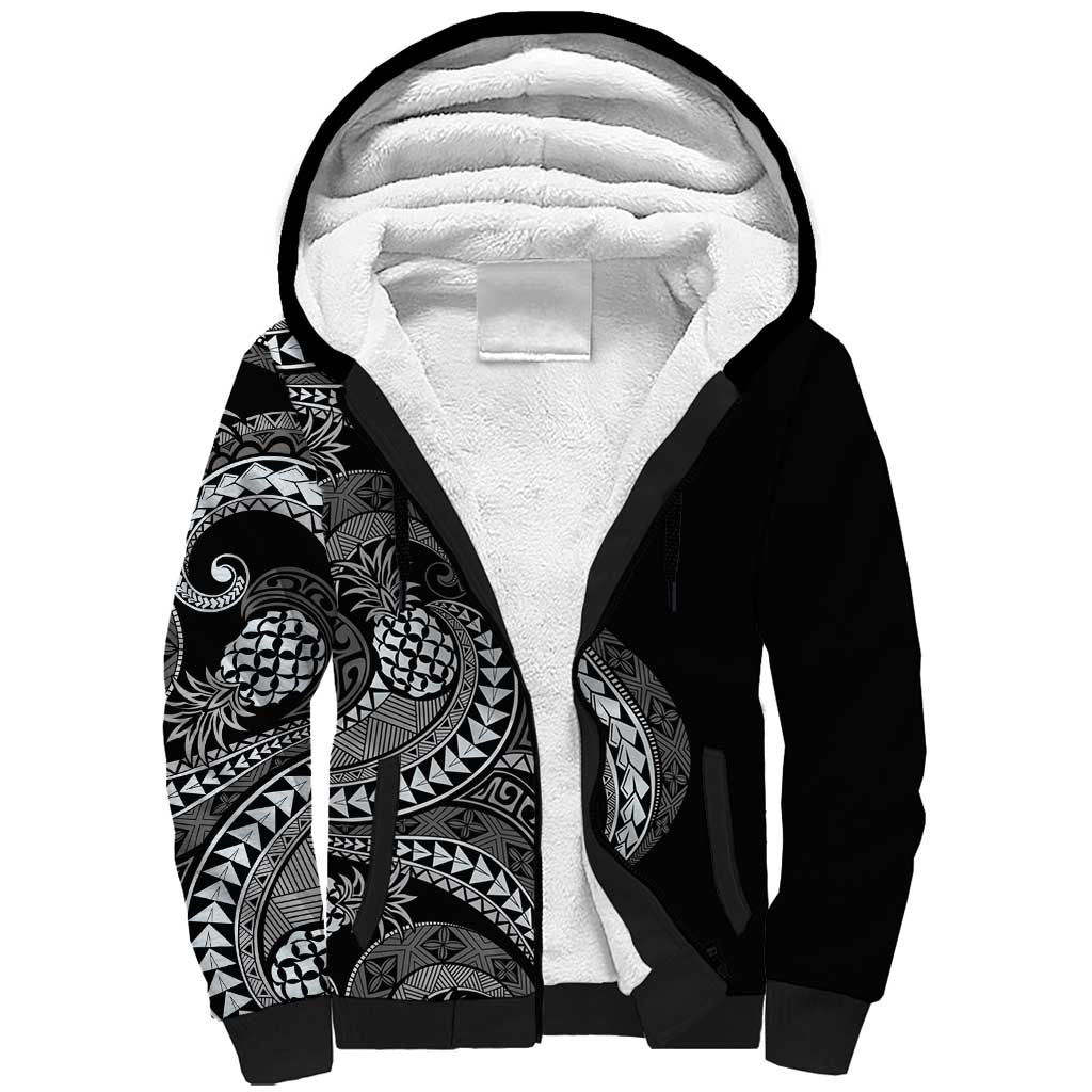 Hawaii Pineapple Gray Scale Tribal Pattern Sherpa Hoodie - Polynesian Pride