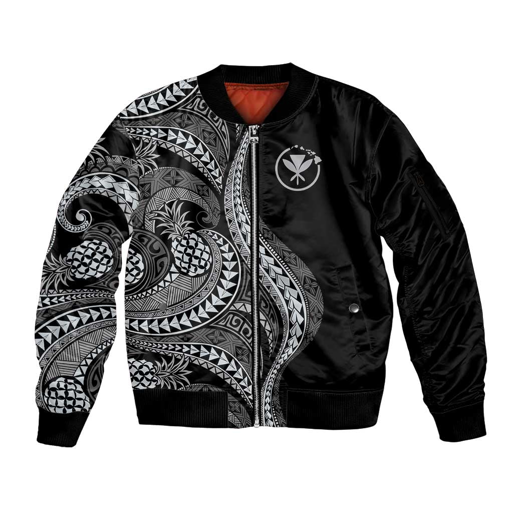 Hawaii Pineapple Gray Scale Tribal Pattern Sleeve Zip Bomber Jacket - Polynesian Pride