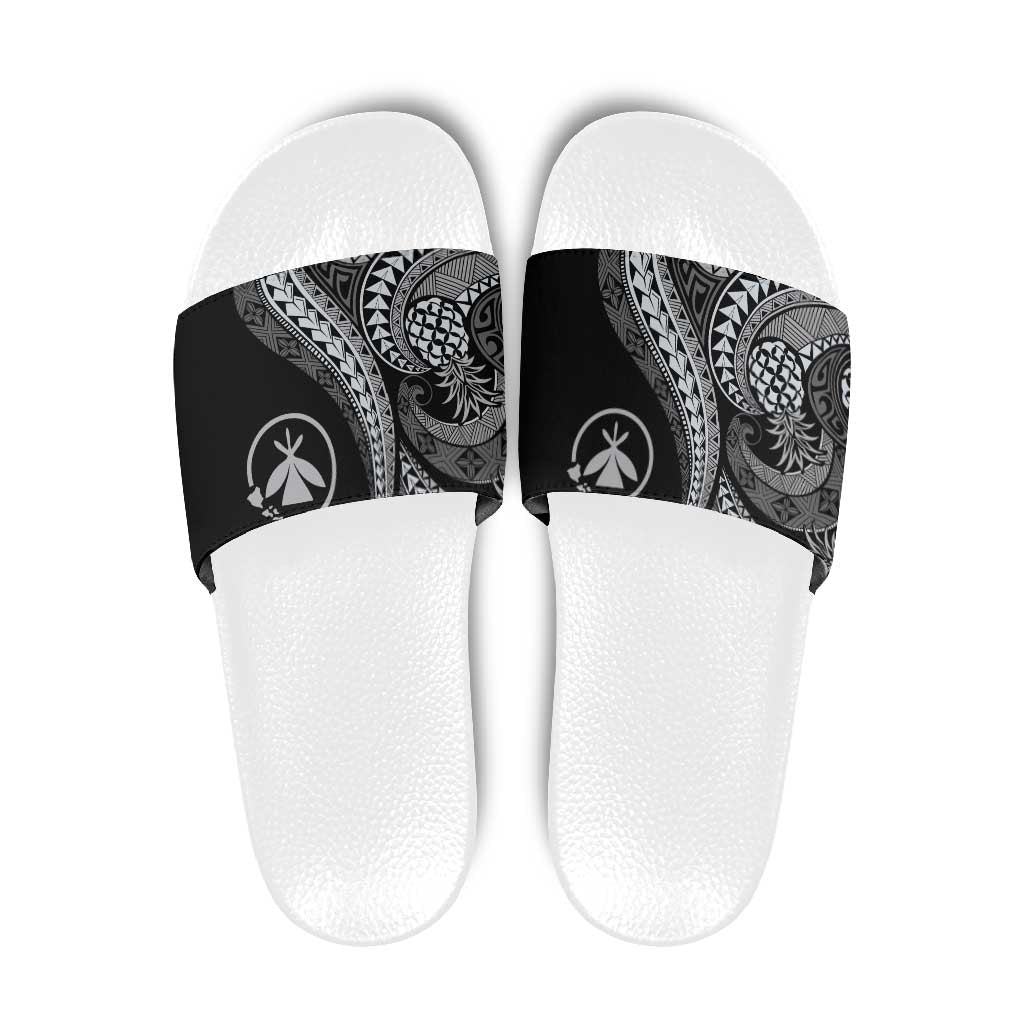 Hawaii Pineapple Gray Scale Tribal Pattern Slide Sandals - Polynesian Pride
