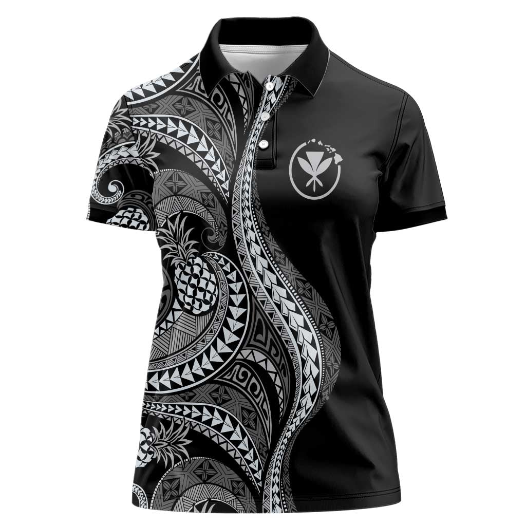 Hawaii Pineapple Gray Scale Tribal Pattern Women Polo Shirt LT01 Female Black - Polynesian Pride