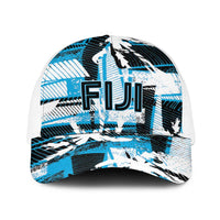 Fijian Rugby Baseball Net Cap Grunge Palm Stylized LT01 One Size White Blue - Polynesian Pride