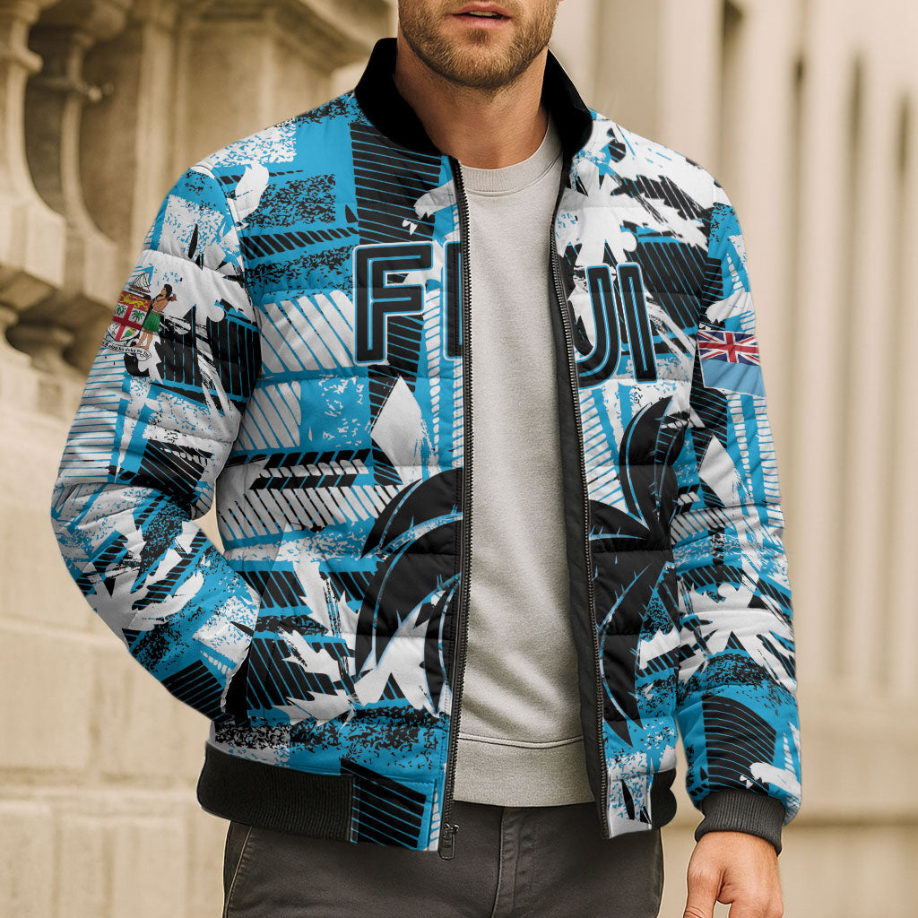 Custom Fijian Rugby Bomber Puffer Jacket Grunge Palm Stylized LT01 - Polynesian Pride