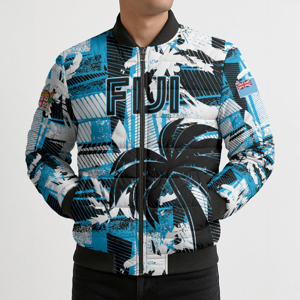 Custom Fijian Rugby Bomber Puffer Jacket Grunge Palm Stylized LT01 - Polynesian Pride