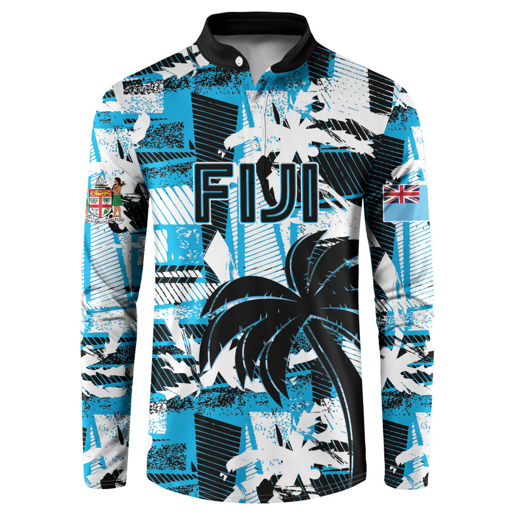 Custom Fijian Rugby Button Sweatshirt Grunge Palm Stylized LT01 Blue - Polynesian Pride