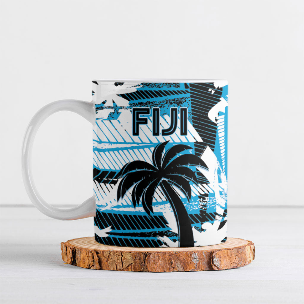 Custom Fijian Rugby Ceramic Mug Grunge Palm Stylized LT01 Blue - Polynesian Pride