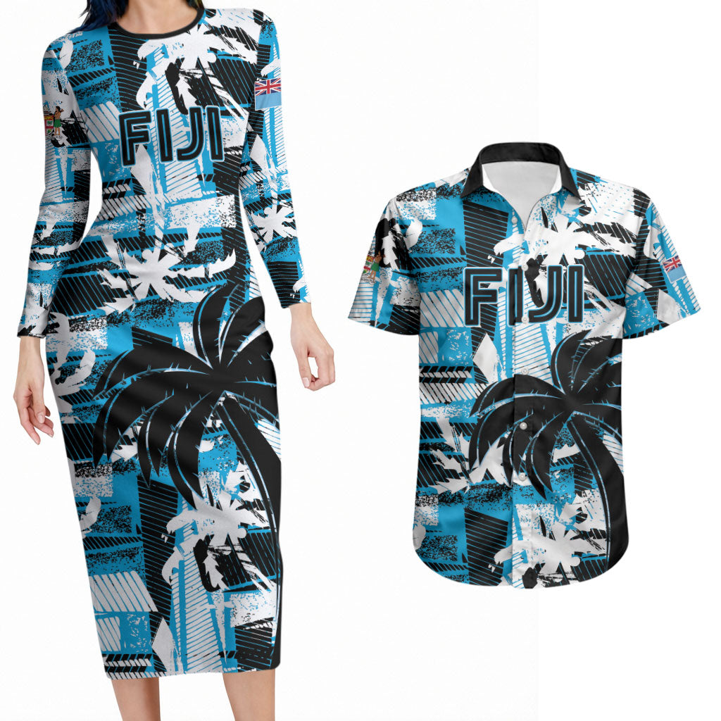 Custom Fijian Rugby Couples Matching Long Sleeve Bodycon Dress and Hawaiian Shirt Grunge Palm Stylized