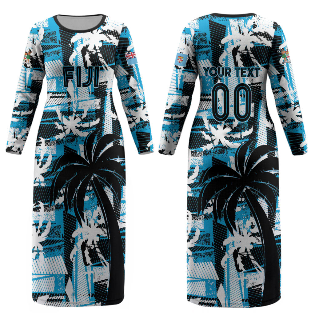 Custom Fijian Rugby Couples Matching Long Sleeve Bodycon Dress and Hawaiian Shirt Grunge Palm Stylized LT01 - Polynesian Pride