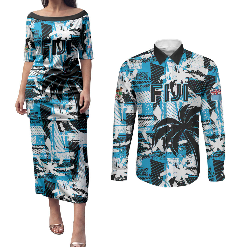 Custom Fijian Rugby Couples Matching Puletasi and Long Sleeve Button Shirt Grunge Palm Stylized LT01 Blue - Polynesian Pride