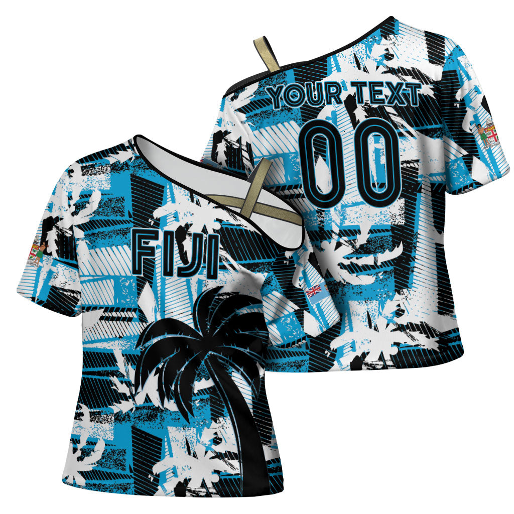 Custom Fijian Rugby Cross Shoulder Shirt Grunge Palm Stylized LT01 - Polynesian Pride