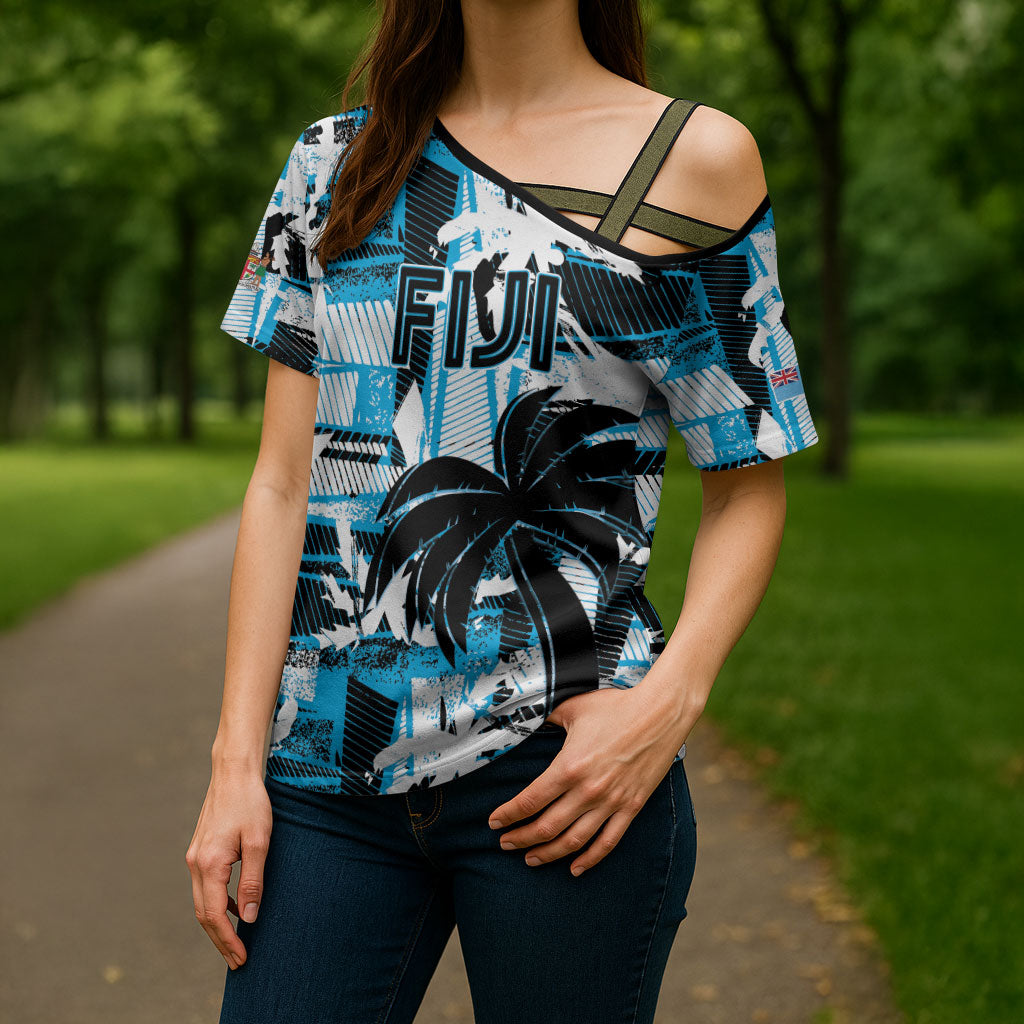 Custom Fijian Rugby Cross Shoulder Shirt Grunge Palm Stylized LT01 - Polynesian Pride