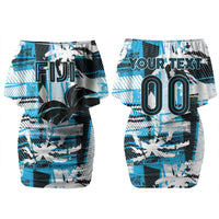 Custom Fijian Rugby Family Matching Off Shoulder Short Dress and Hawaiian Shirt Grunge Palm Stylized LT01 Mom's Dress Blue - Polynesian Pride