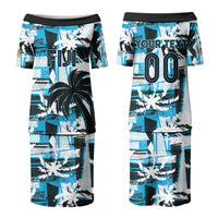 Custom Fijian Rugby Family Matching Puletasi and Hawaiian Shirt Grunge Palm Stylized LT01 Mom's Dress Blue - Polynesian Pride
