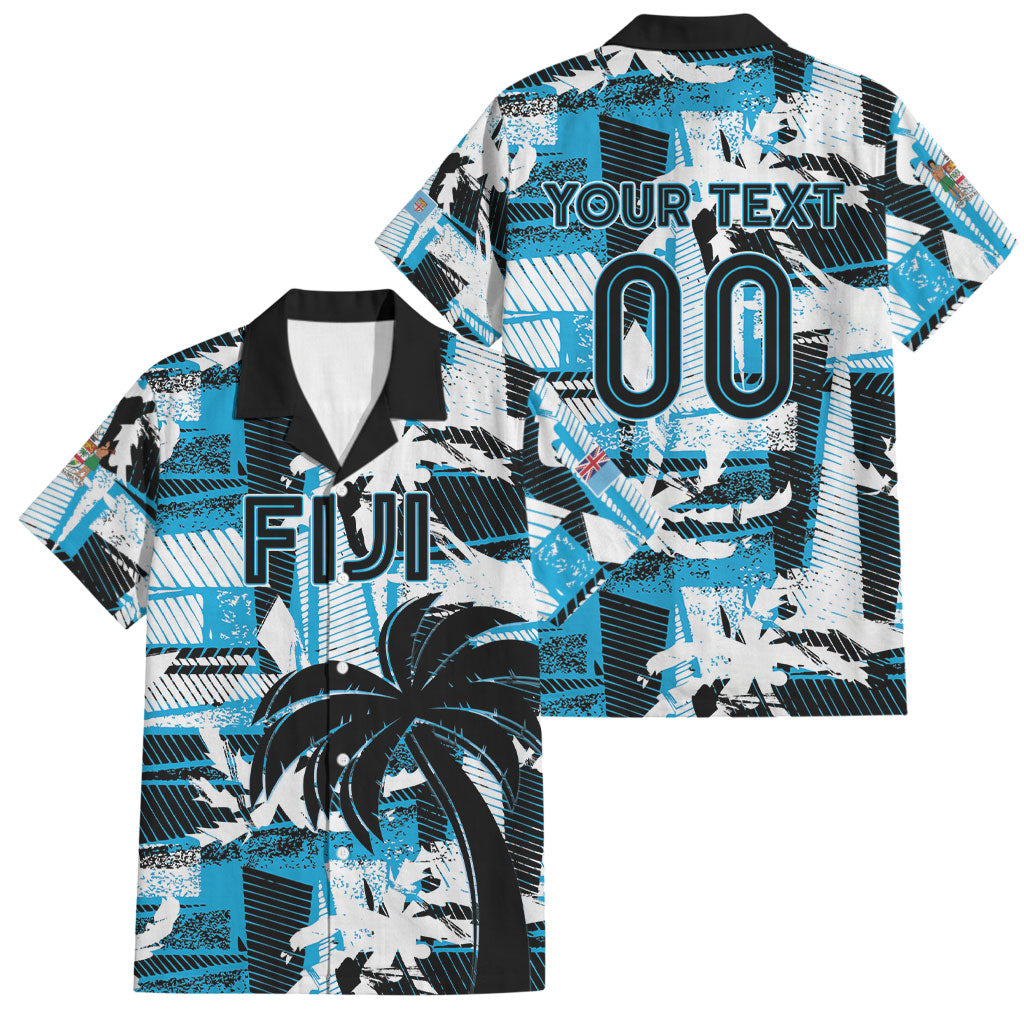 Custom Fijian Rugby Family Matching Puletasi and Hawaiian Shirt Grunge Palm Stylized LT01 Dad's Shirt - Short Sleeve Blue - Polynesian Pride