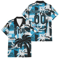 Custom Fijian Rugby Family Matching Puletasi and Hawaiian Shirt Grunge Palm Stylized LT01 Dad's Shirt - Short Sleeve Blue - Polynesian Pride