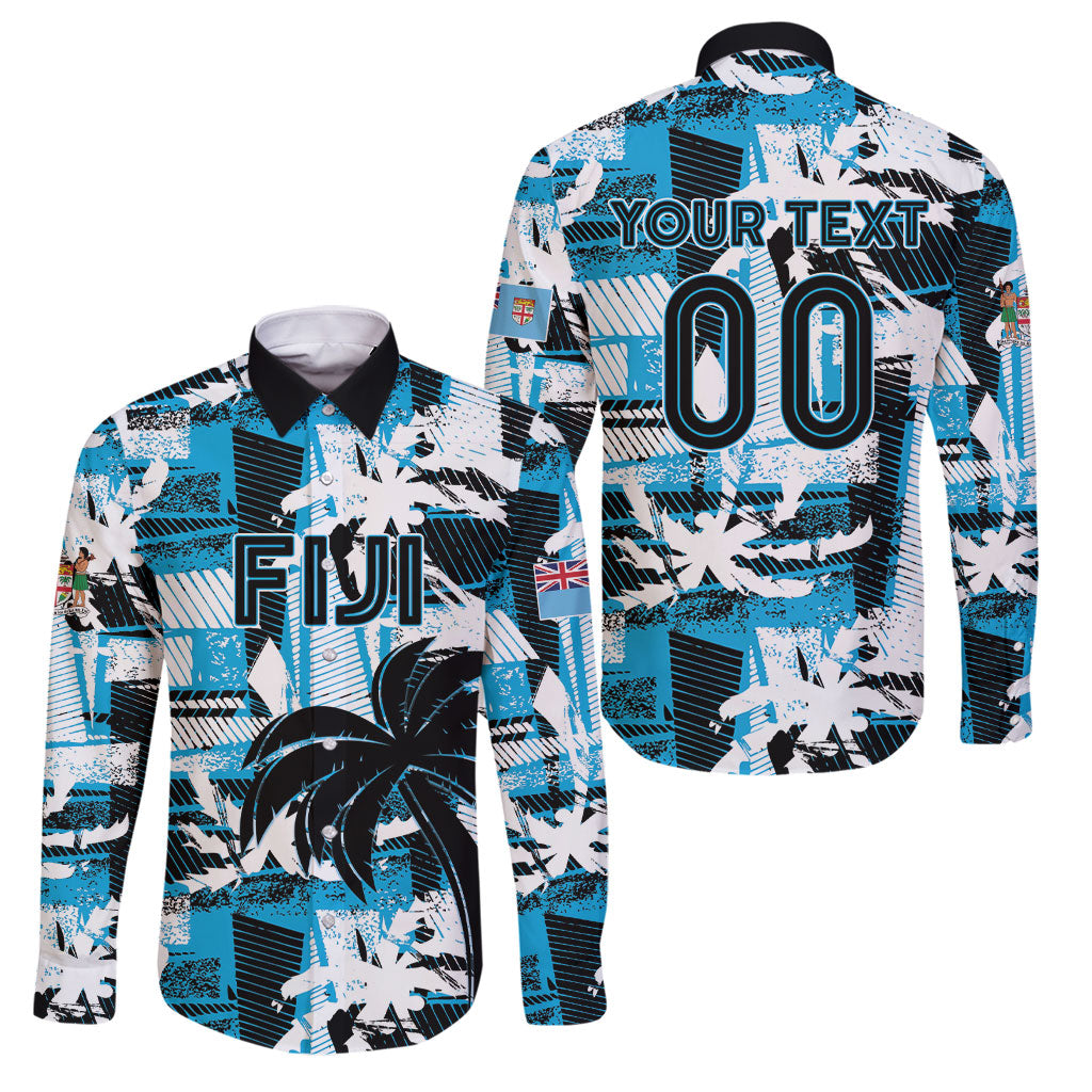 Custom Fijian Rugby Family Matching Puletasi and Hawaiian Shirt Grunge Palm Stylized LT01 Dad's Shirt - Long Sleeve Blue - Polynesian Pride