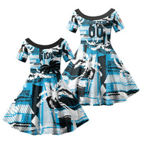 Custom Fijian Rugby Family Matching Puletasi and Hawaiian Shirt Grunge Palm Stylized LT01 Daughter's Dress Blue - Polynesian Pride