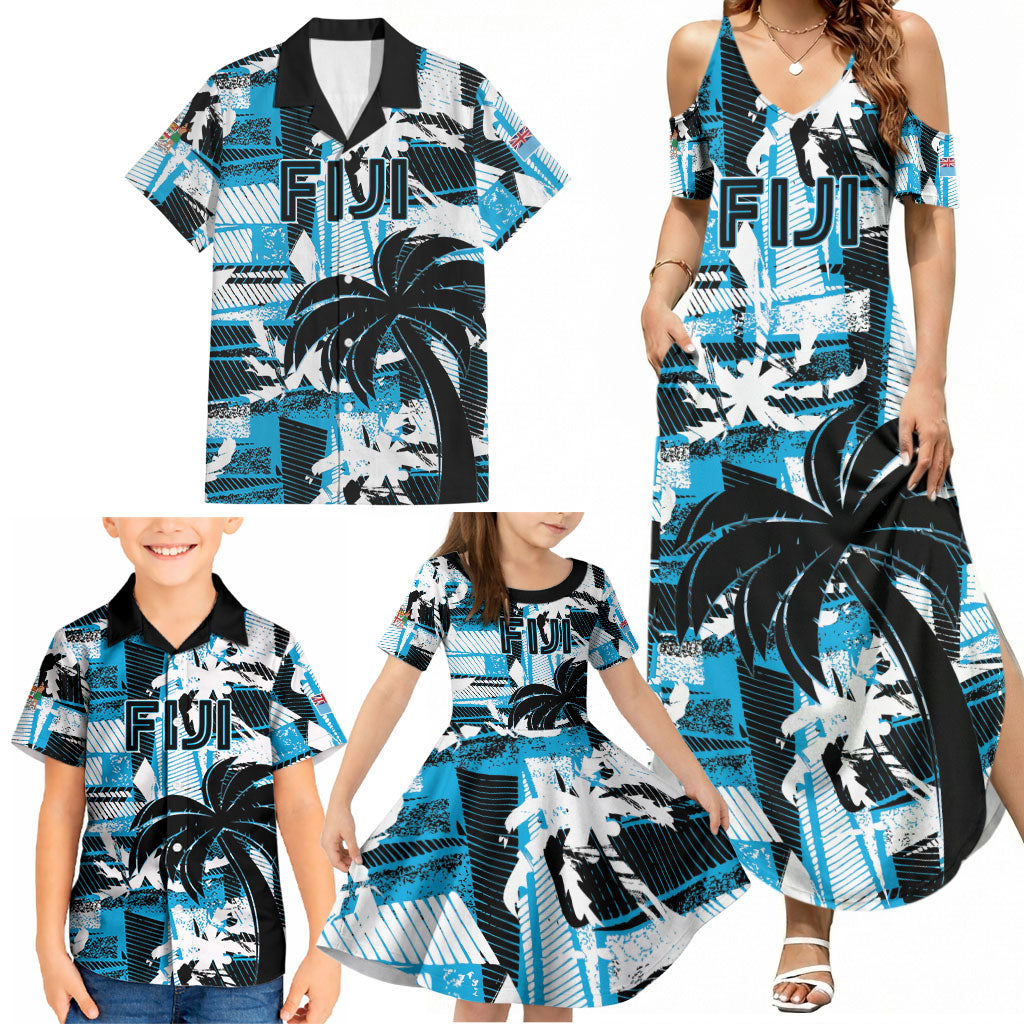 Custom Fijian Rugby Family Matching Summer Maxi Dress and Hawaiian Shirt Grunge Palm Stylized