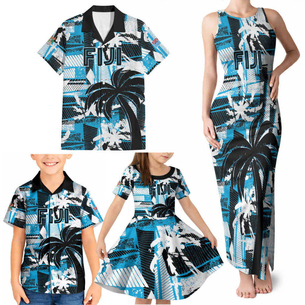 Custom Fijian Rugby Family Matching Tank Maxi Dress and Hawaiian Shirt Grunge Palm Stylized LT01 - Polynesian Pride