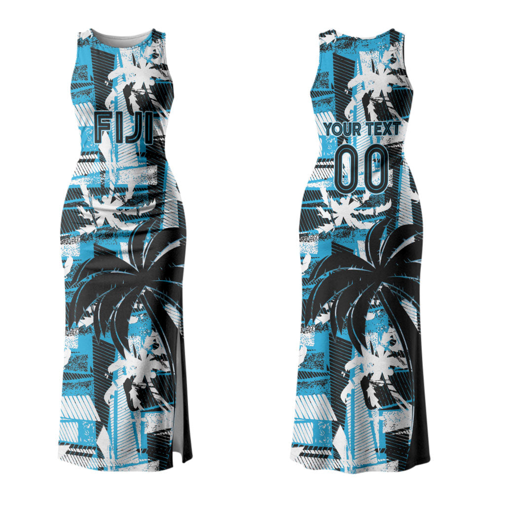 Custom Fijian Rugby Family Matching Tank Maxi Dress and Hawaiian Shirt Grunge Palm Stylized LT01 Mom's Dress Blue - Polynesian Pride