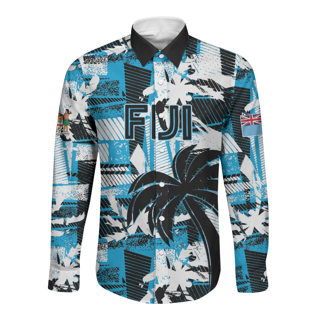 Custom Fijian Rugby Long Sleeve Button Shirt Grunge Palm Stylized LT01 Unisex Blue - Polynesian Pride