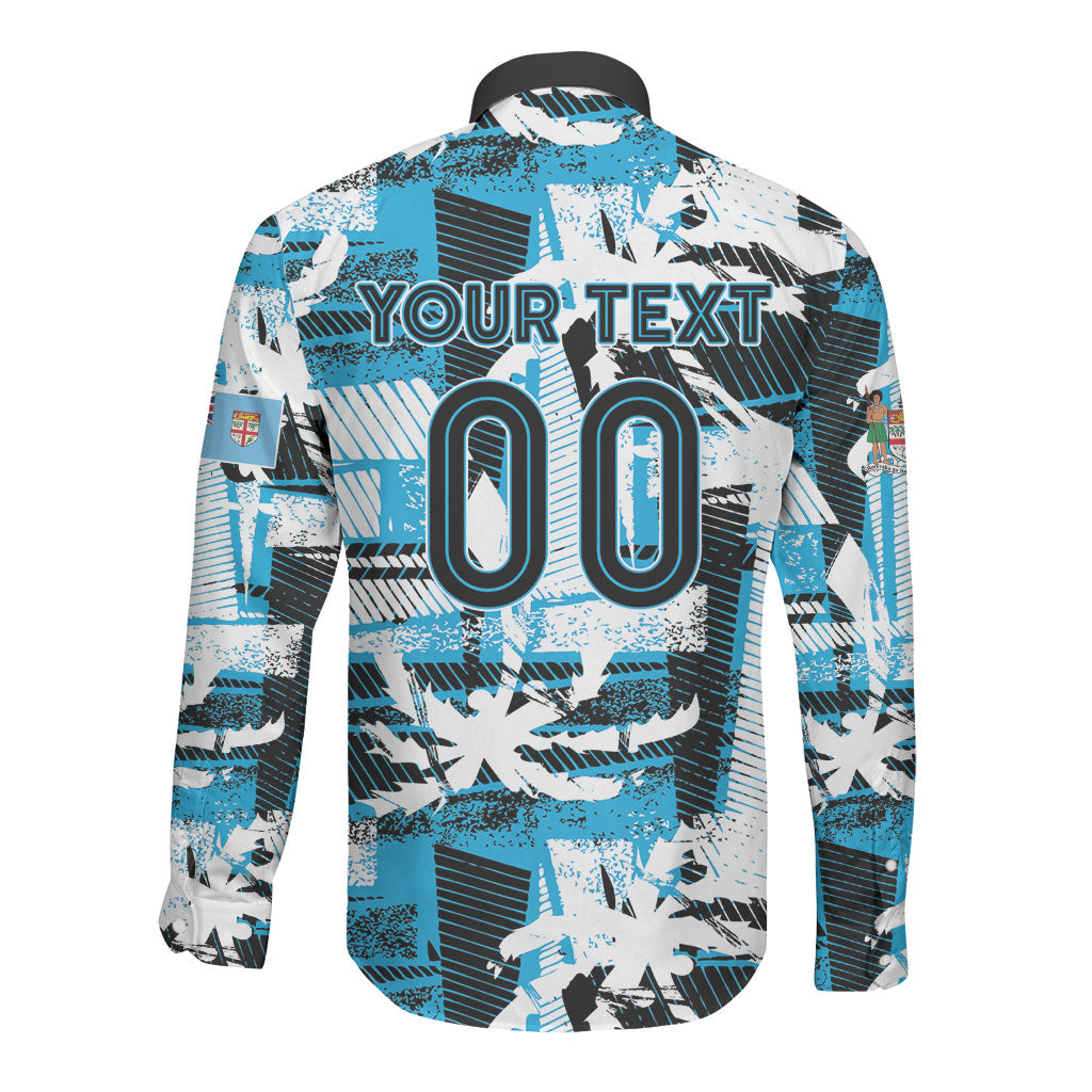 Custom Fijian Rugby Long Sleeve Button Shirt Grunge Palm Stylized LT01 - Polynesian Pride
