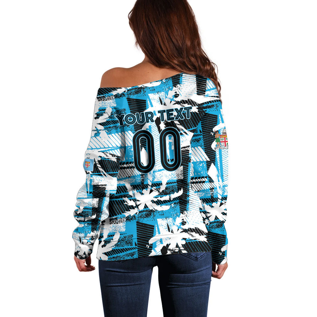 Custom Fijian Rugby Off Shoulder Sweater Grunge Palm Stylized LT01 - Polynesian Pride