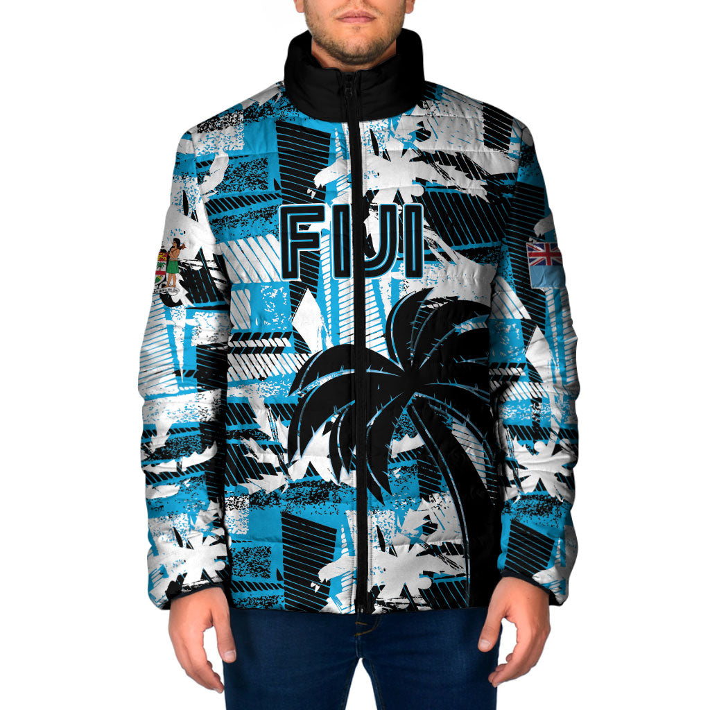 Custom Fijian Rugby Padded Jacket Grunge Palm Stylized LT01 Men Blue - Polynesian Pride