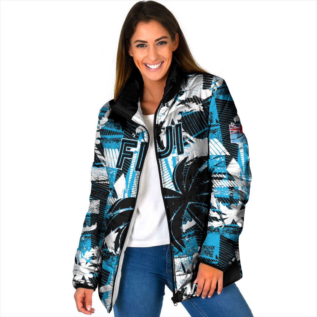 Custom Fijian Rugby Padded Jacket Grunge Palm Stylized LT01 Women Blue - Polynesian Pride