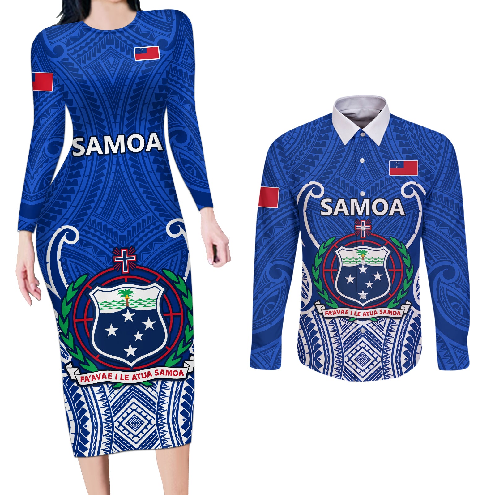 Samoa Rugby Couples Matching Long Sleeve Bodycon Dress and Long Sleeve Button Shirts Manu Samoa Go 2023 World Cup LT01 Blue - Polynesian Pride