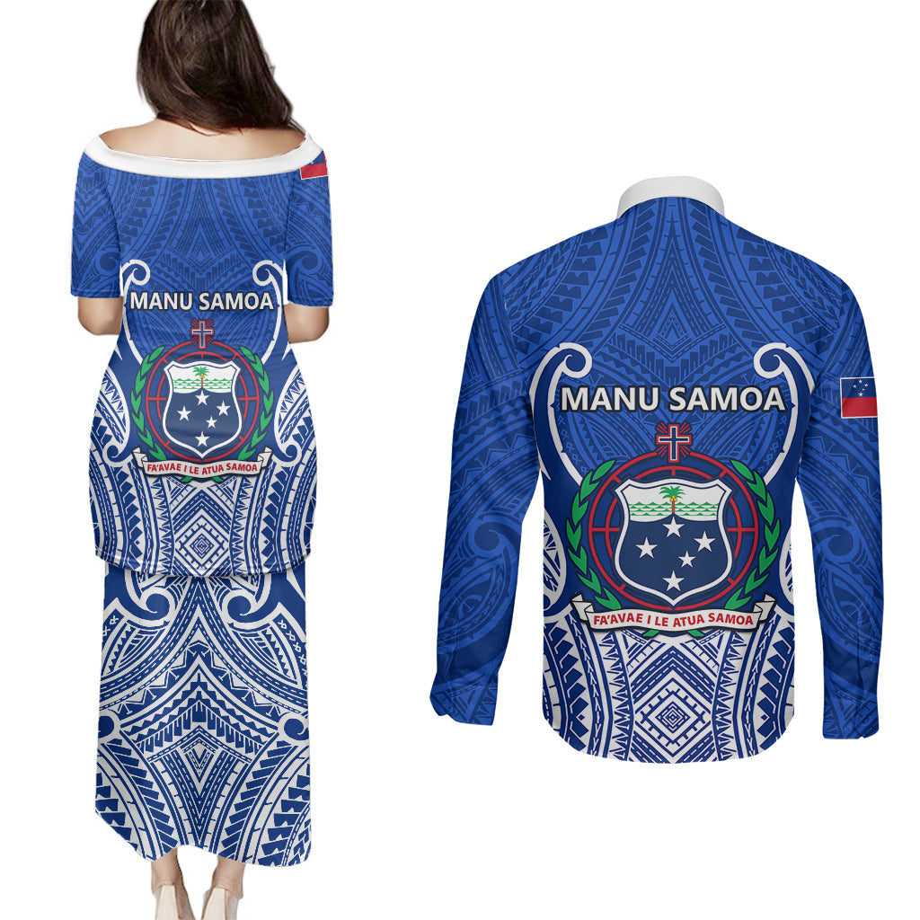 Samoa Rugby Couples Matching Puletasi Dress and Long Sleeve Button Shirts Manu Samoa Go 2023 World Cup LT01 - Polynesian Pride