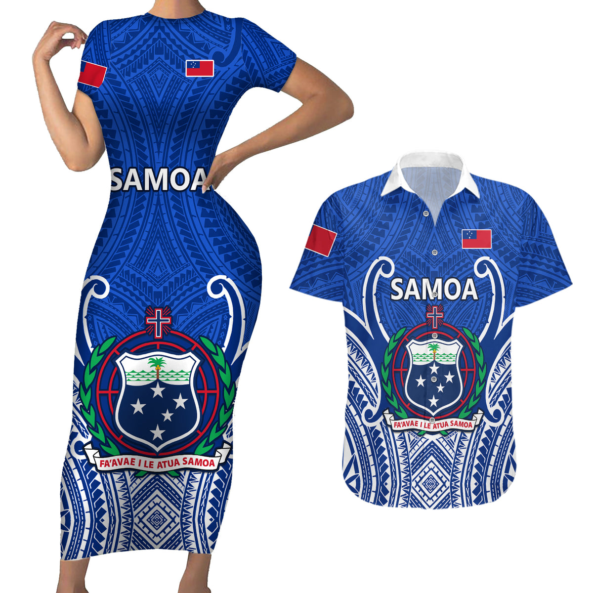 Custom Samoa Rugby Couples Matching Short Sleeve Bodycon Dress and Hawaiian Shirt Manu Samoa Go 2023 World Cup LT01 Blue - Polynesian Pride