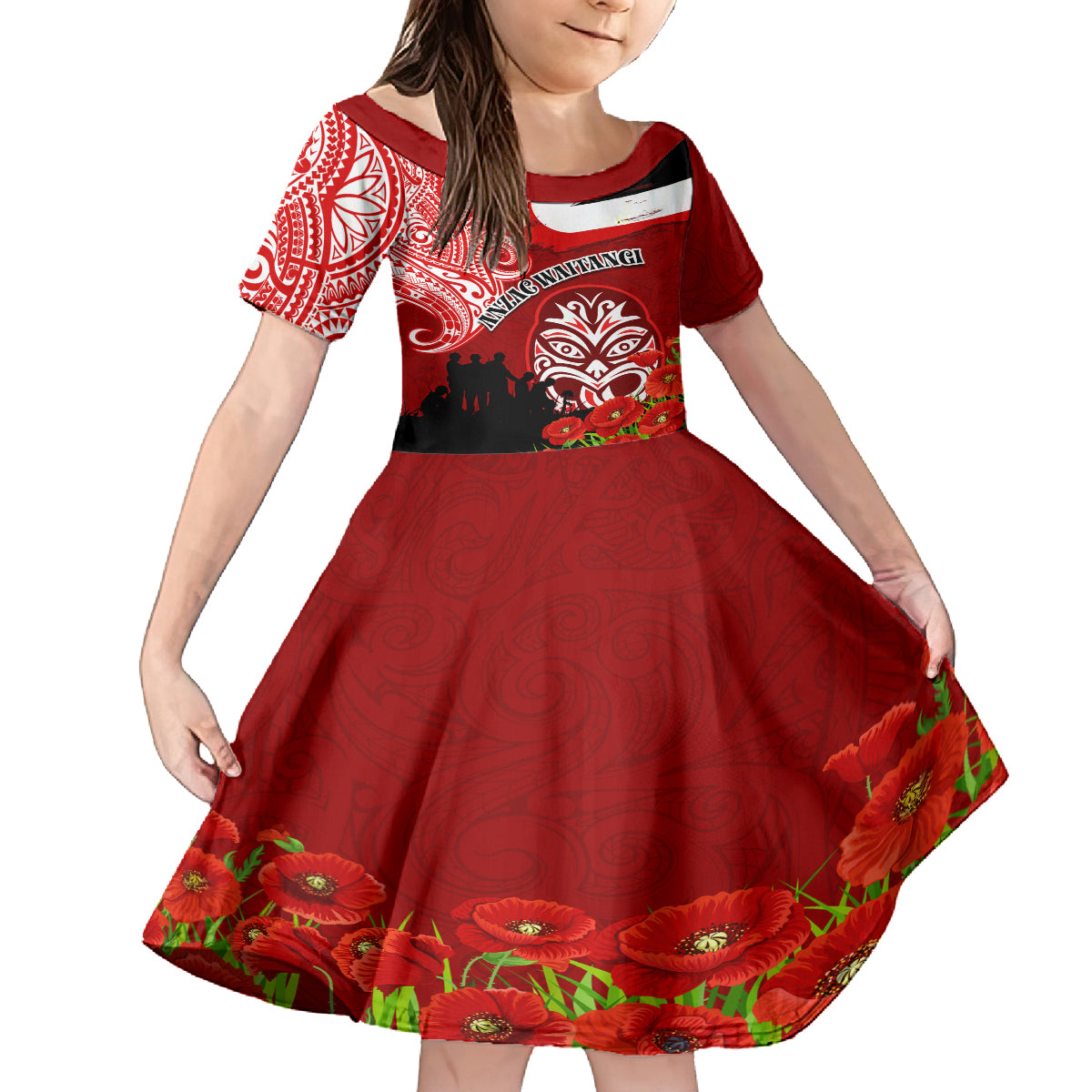 New Zealand ANZAC Waitangi Day Family Matching Off Shoulder Short Dress and Hawaiian Shirt Lest We Forget Soldier Tiki Maori Style LT03 Daughter's Dress Red - Polynesian Pride