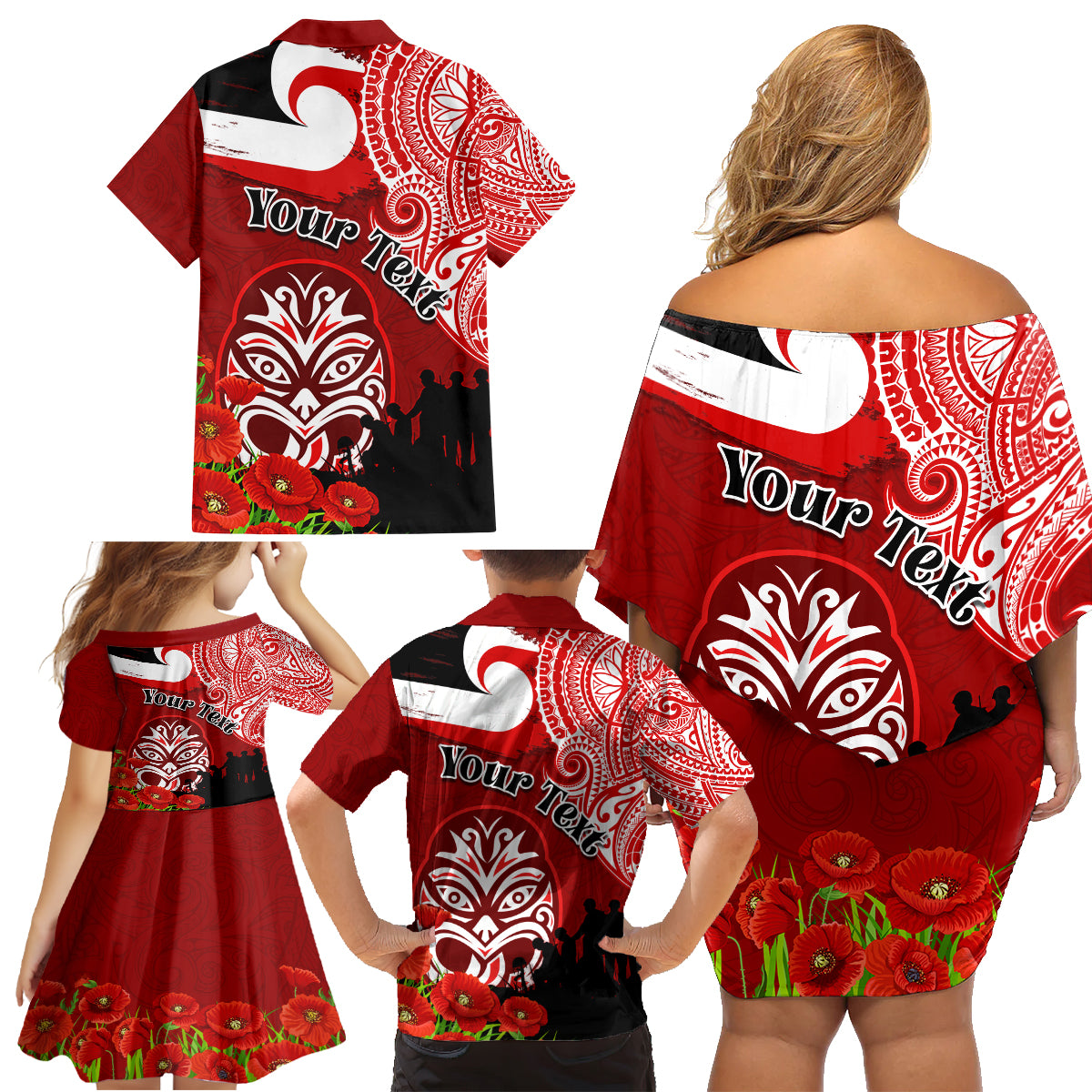 New Zealand ANZAC Waitangi Day Family Matching Off Shoulder Short Dress and Hawaiian Shirt Lest We Forget Soldier Tiki Maori Style LT03 - Polynesian Pride